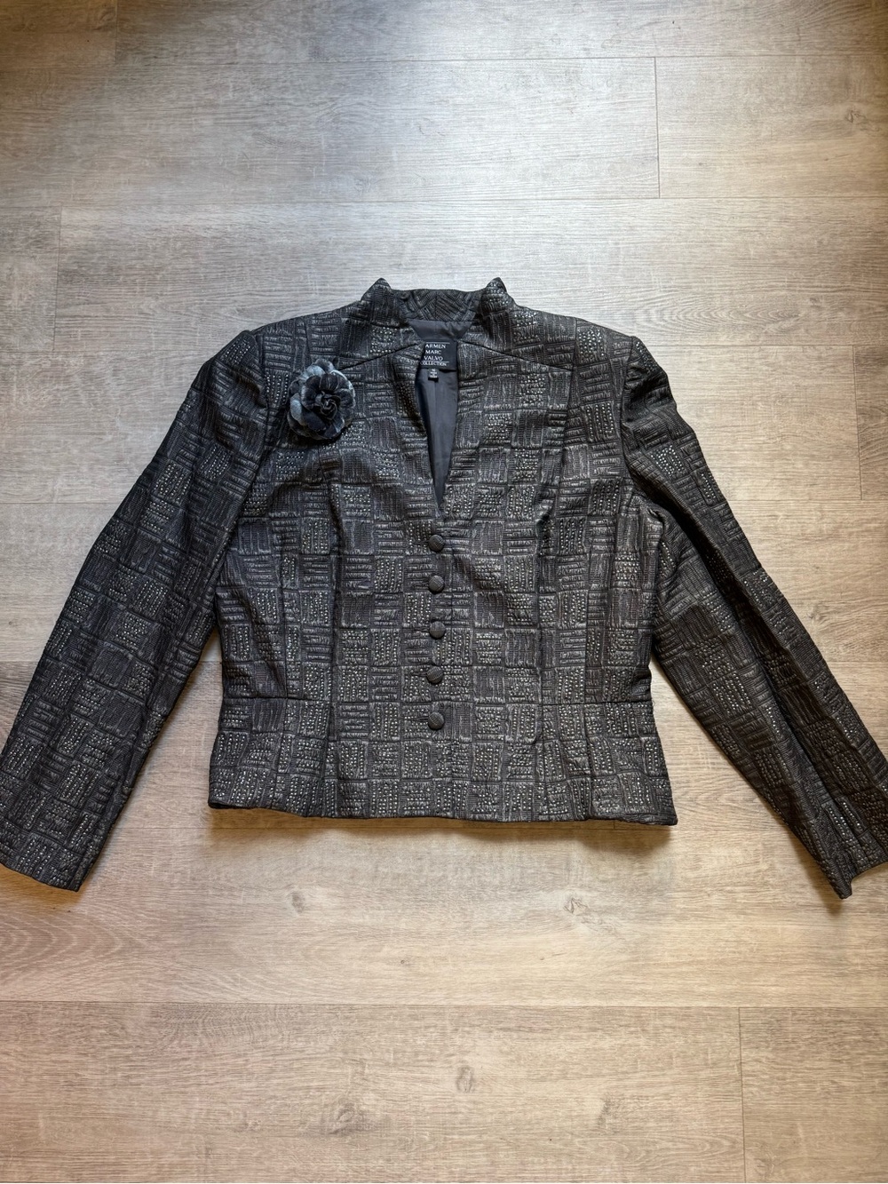 Carmen Marc Valvo Collection Gray Textured Jacquard Evening Blazer Size 16